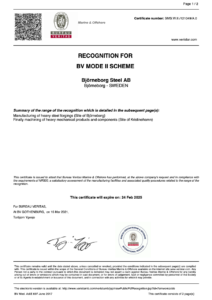 BV Certificate Mode II Steel forgings and final machined product 2021-2025